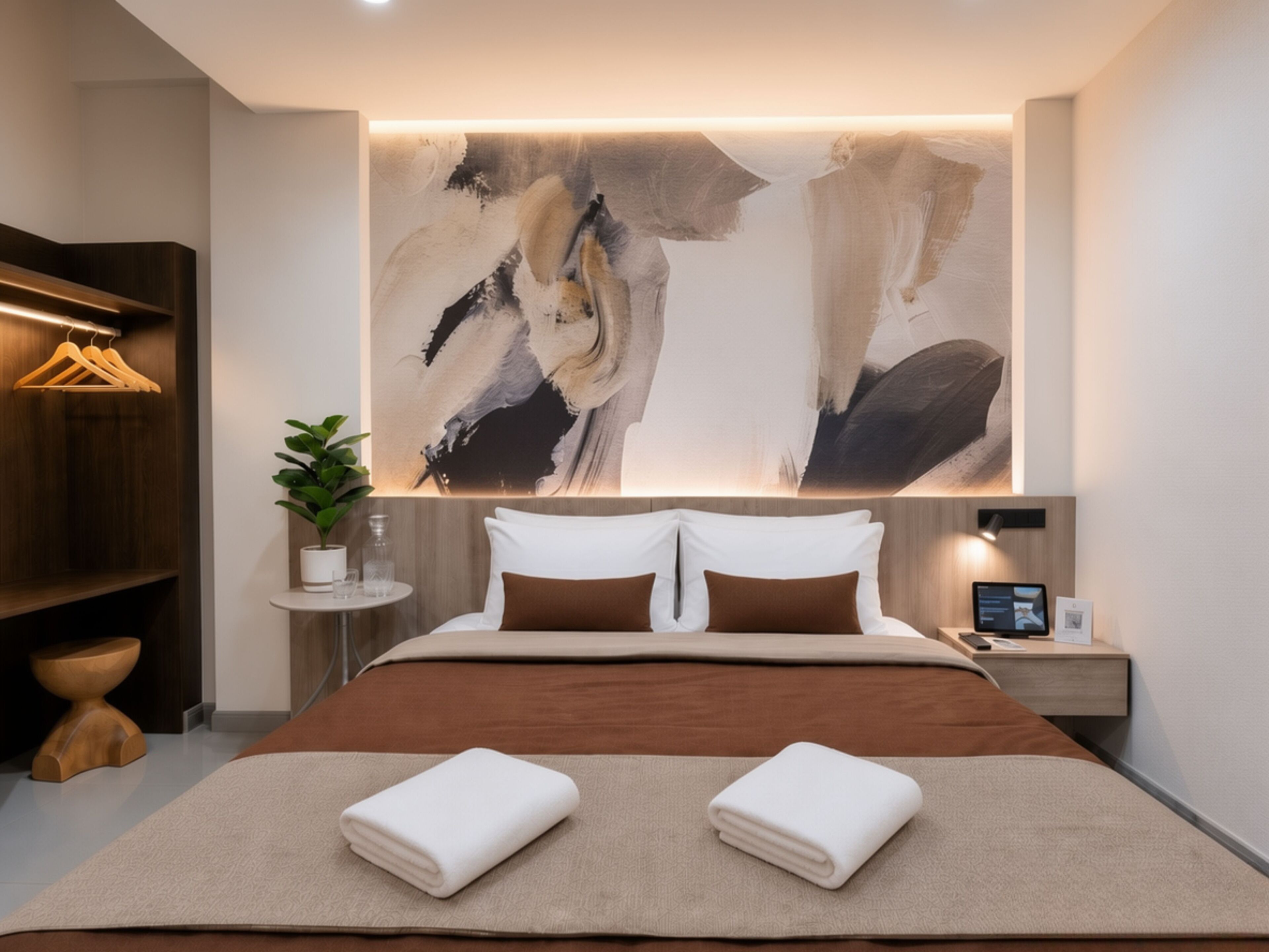 A modern hotel room with a large bed, a bedside table with a lamp, a wall-mounted artwork, and a wooden shelf with hanging items.