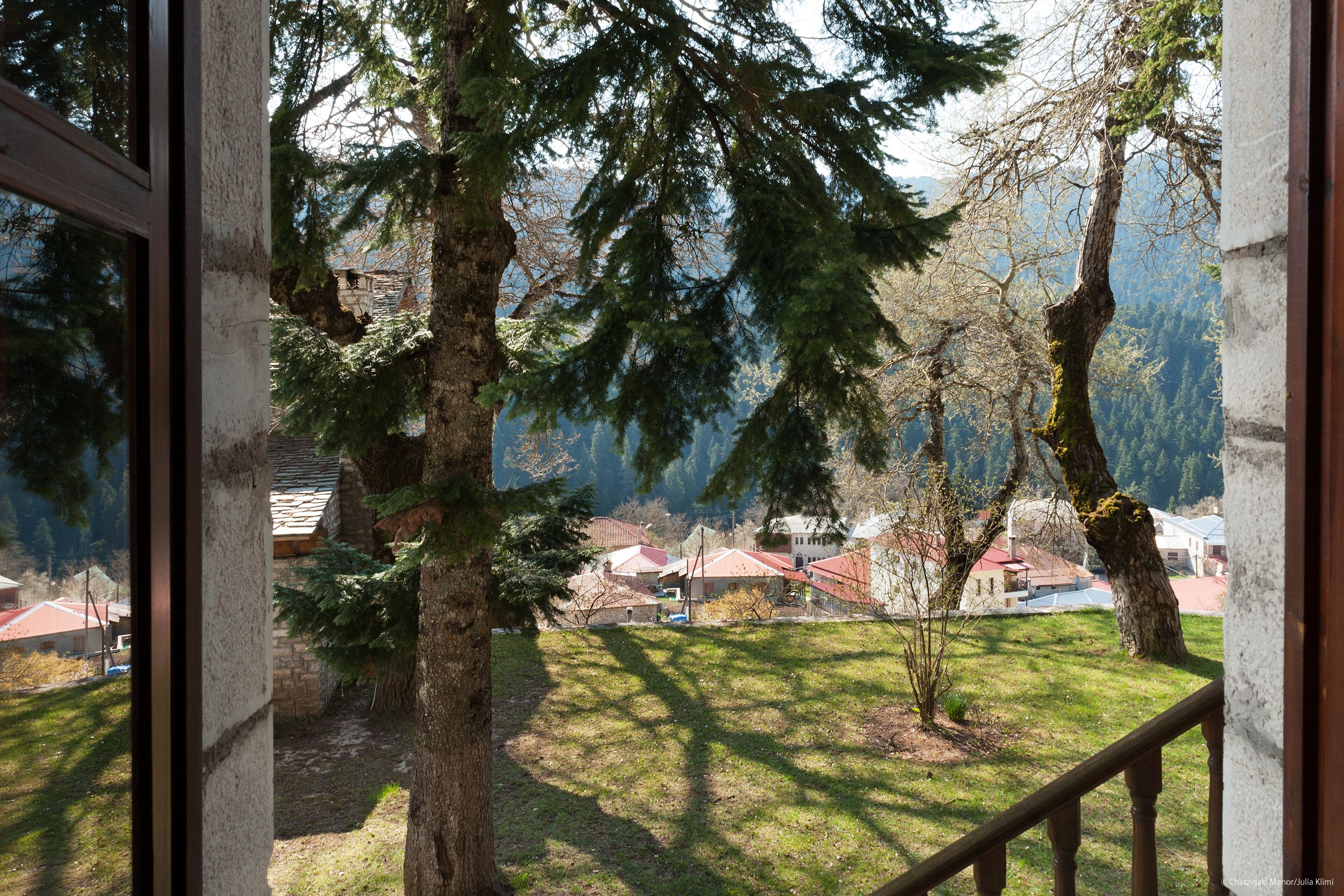 A view from a window overlooking a grassy area with trees and houses in the background.