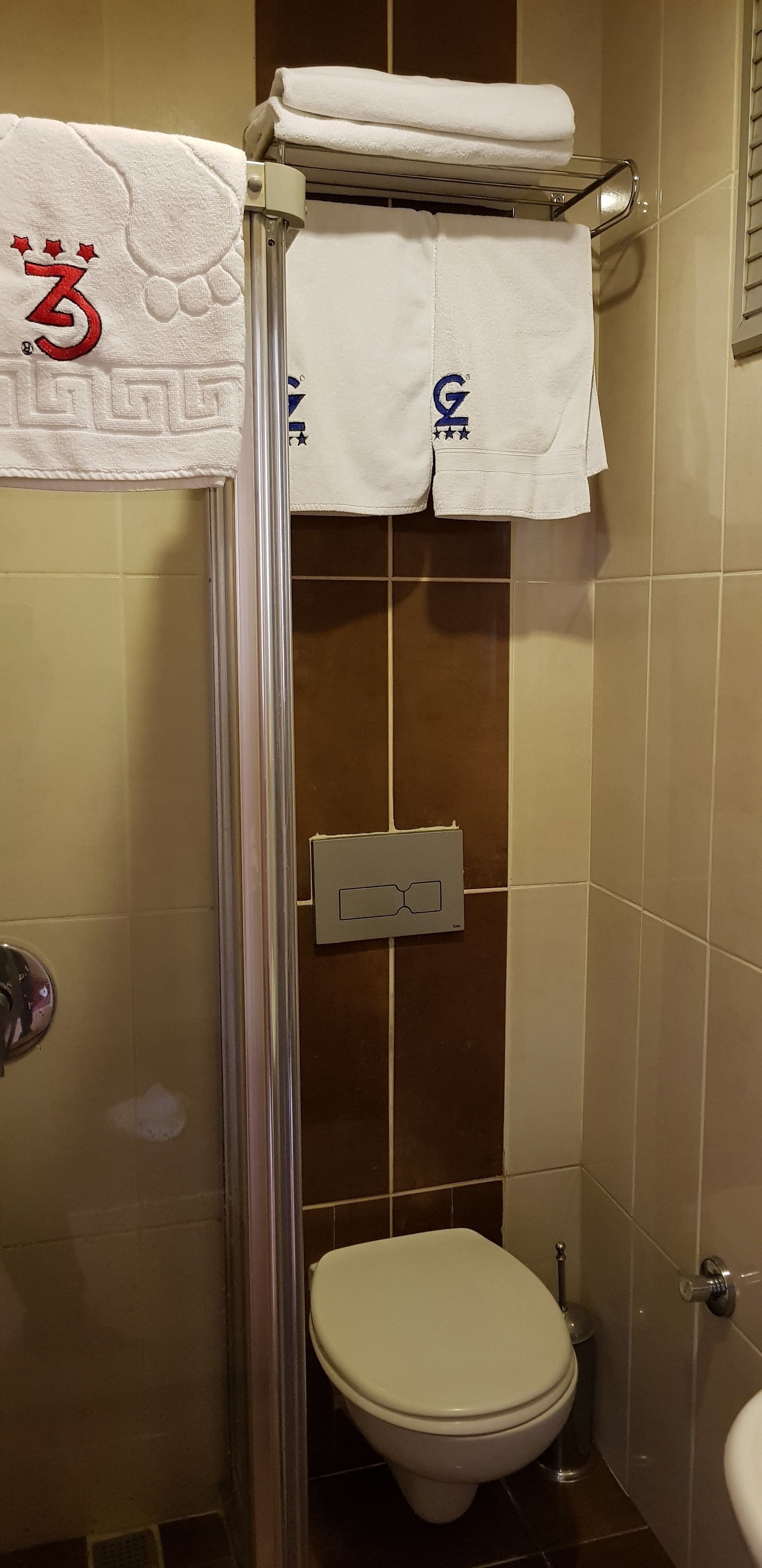 A small bathroom with a toilet, a shower, and a towel rack with two towels.