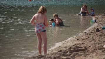 Escena de playa con gente en el agua y sobre la arena.