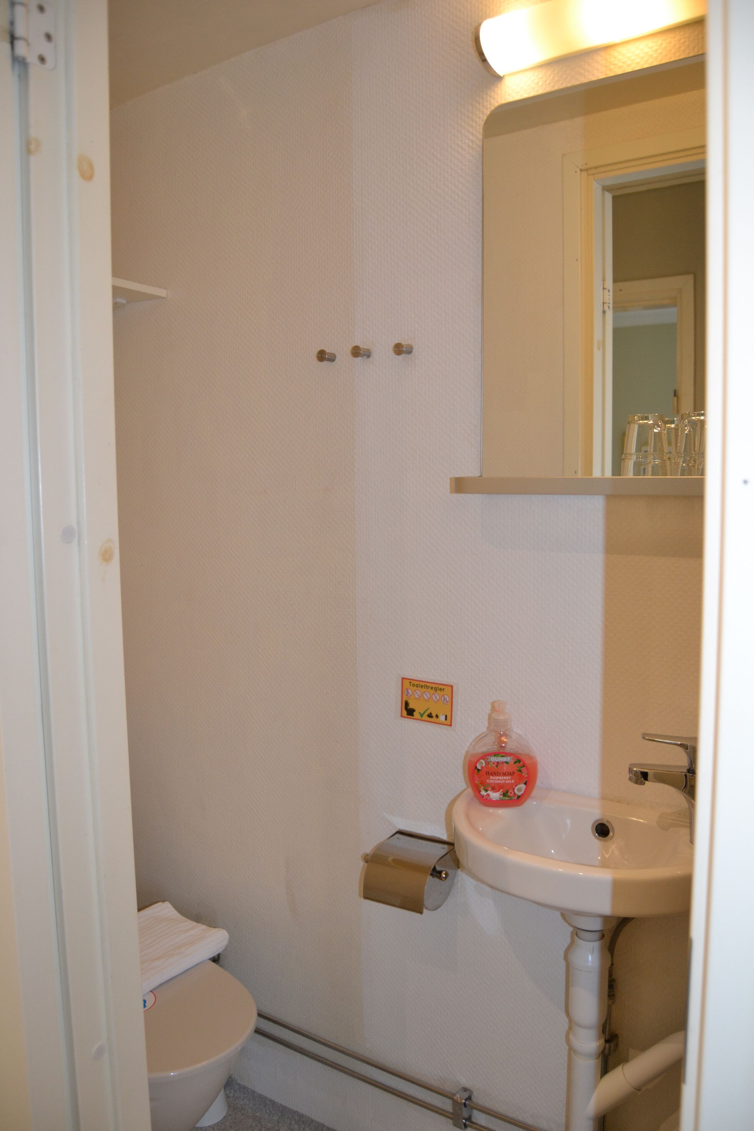 A small, clean bathroom with a toilet, a sink, and a mirror.