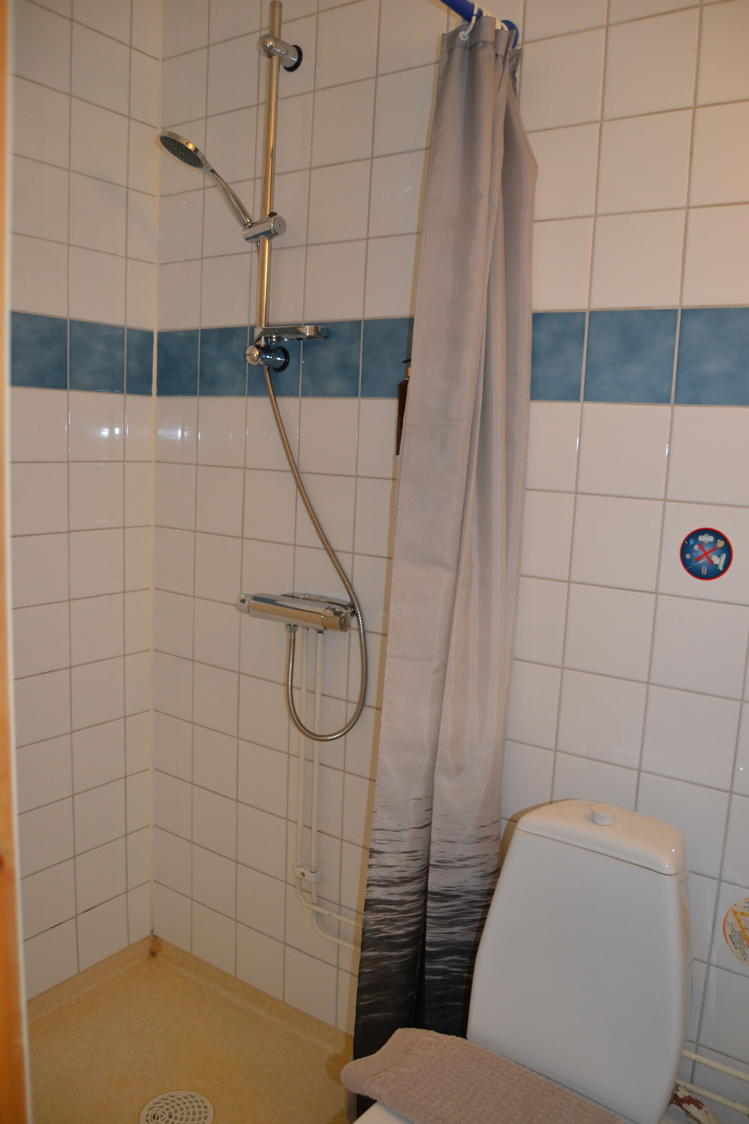 Ett badrum med dusch, toalett och en handduksställning.