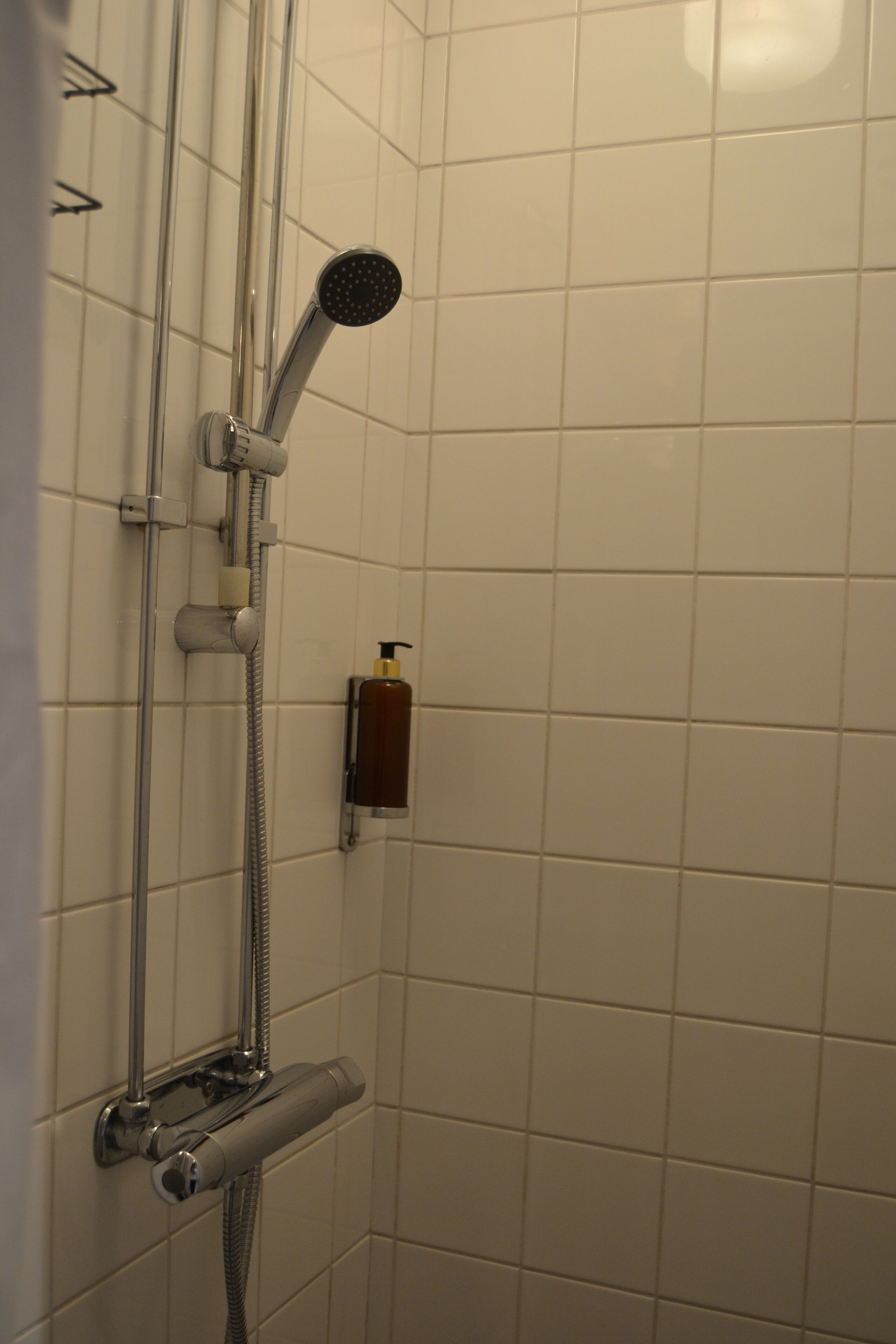 Eine Dusche mit Handbrause und Wandarmatur.