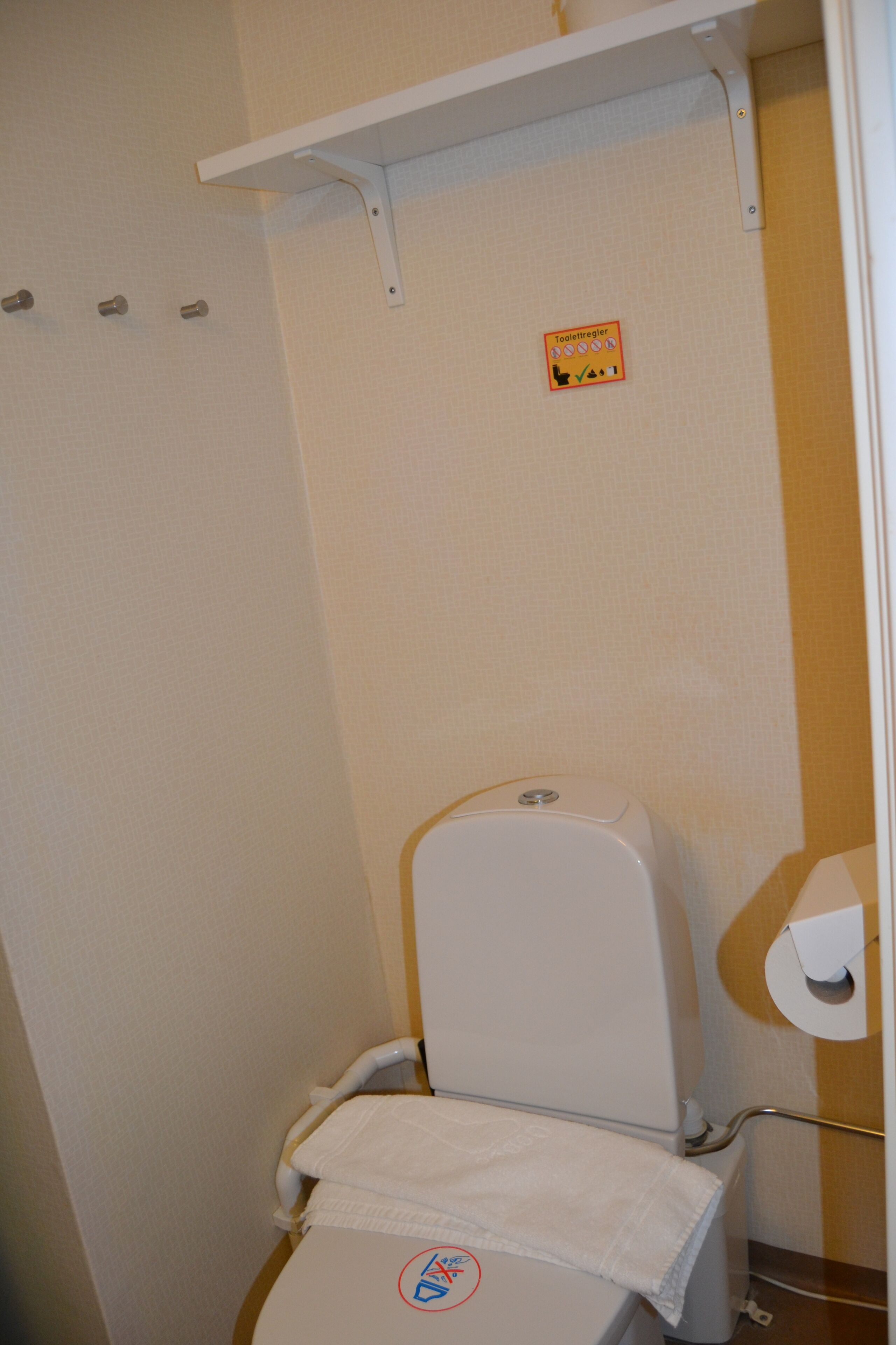A small, compact bathroom with a white toilet, a towel on the seat, and a handrail.