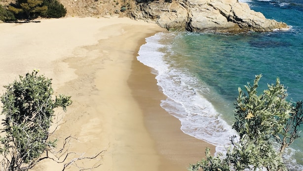 A beach with clear blue water, sandy shore, and rocky cliffs. - Le clos des sept palmiers (Cavalaire-sur-Mer)