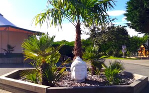 A Buddha statue surrounded by palm trees and a wooden bench in a landscaped area. - Glamping Terre & Mer (Binic-Etables-sur-Mer)