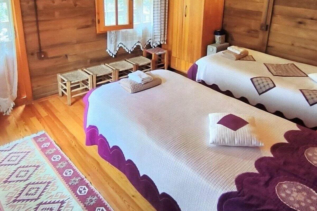 A wooden cabin room with two beds, a television, and a window with curtains.