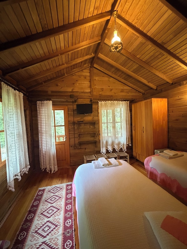 A wooden cabin with two beds, a television, and a patterned rug. - Mencuna Konaklari (Arhavi)