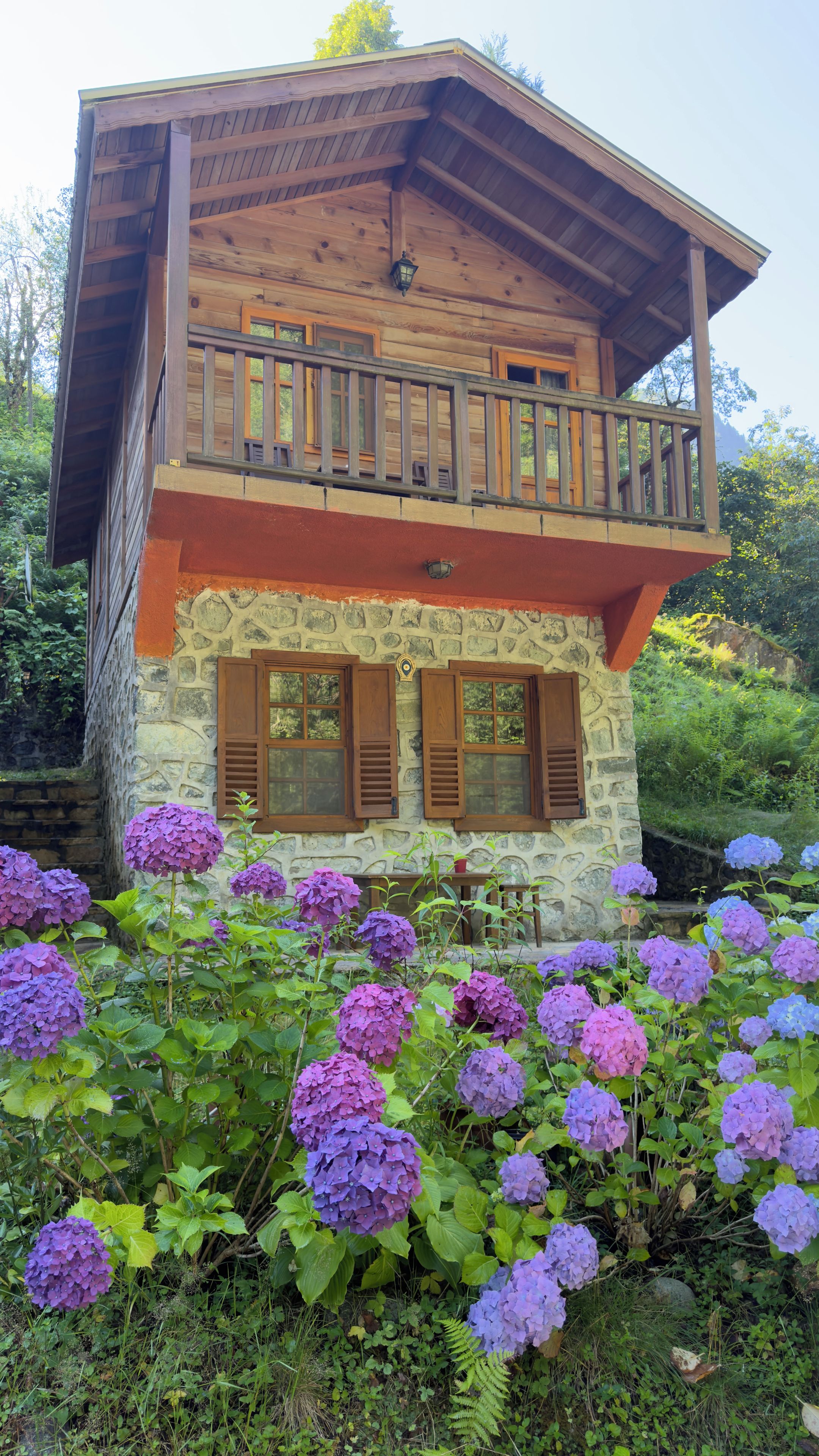 Eine zweistöckige Holzhütte mit Balkon, umgeben von Hortensienblüten.