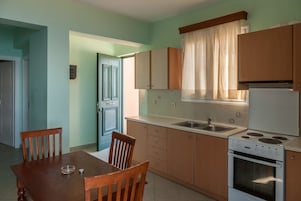 Full-size fridge, oven, stovetop, electric kettle