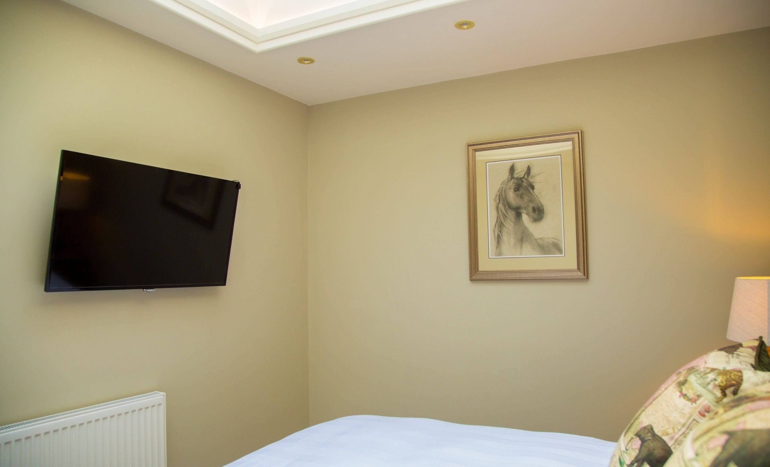 Une chambre d’hôtel avec un lit, un téléviseur à écran plat fixé au mur et un tableau représentant un cheval.