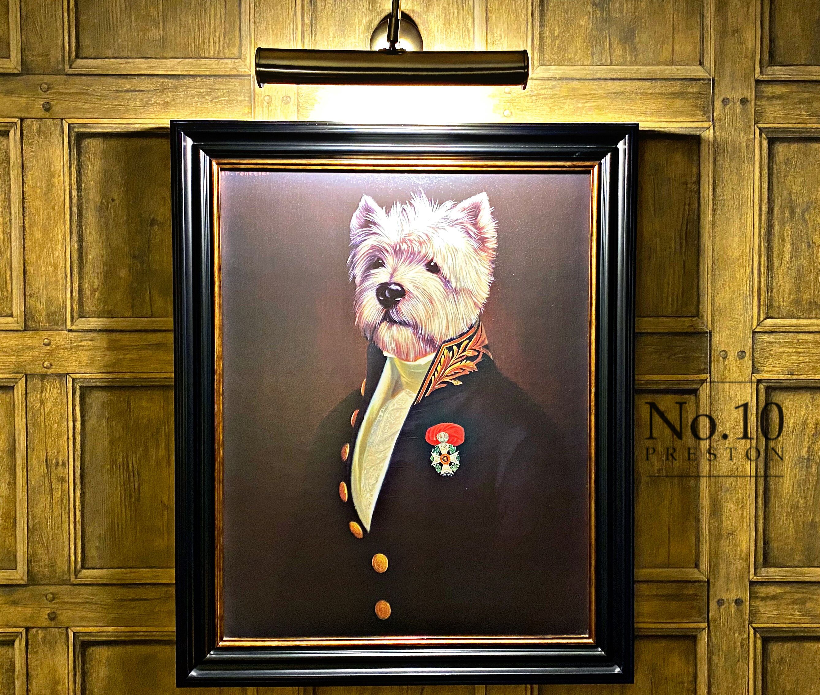 A framed portrait of a dog in a military-style uniform with medals, mounted on a wooden wall.