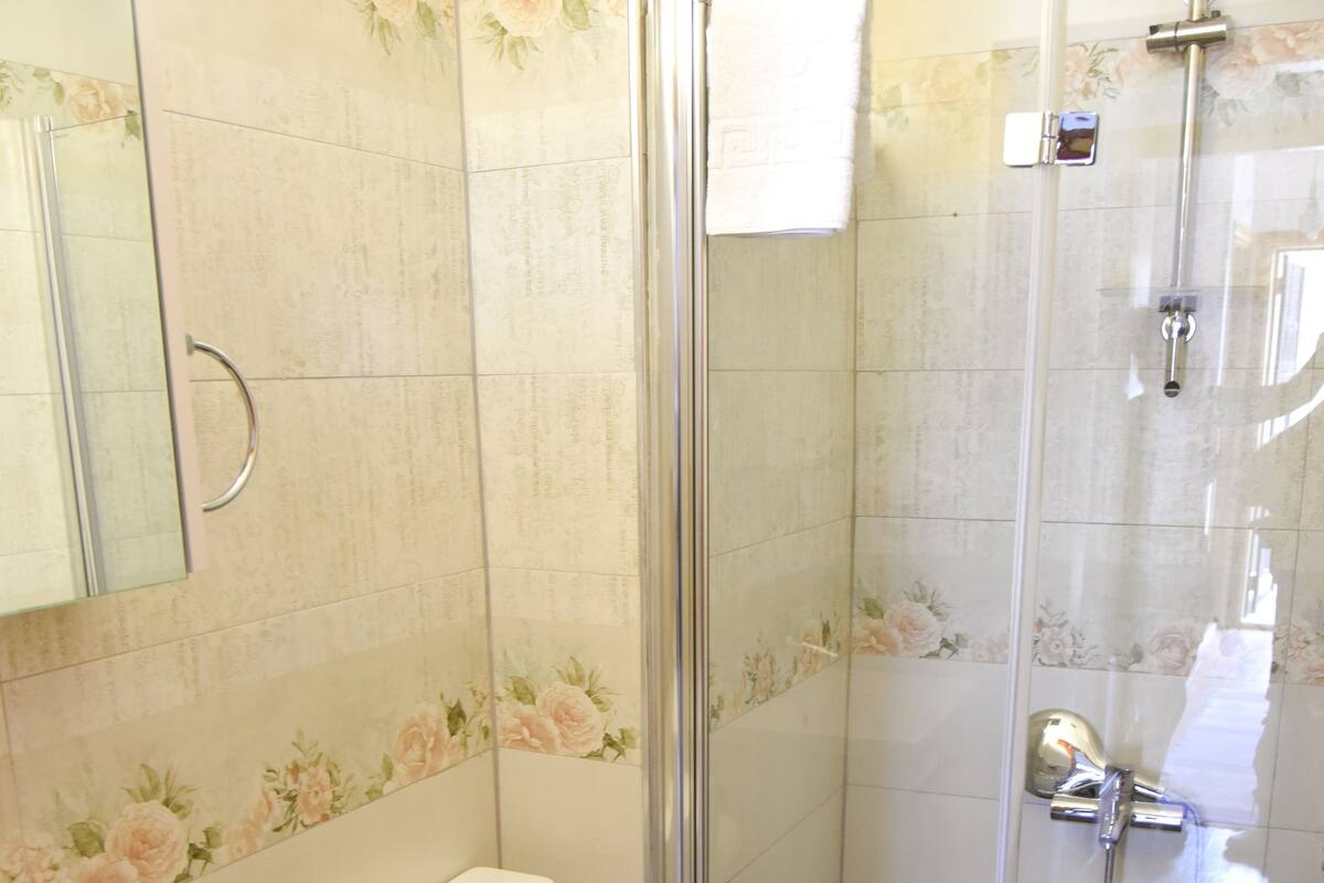 A bathroom with a glass-enclosed shower, a toilet, and a sink.