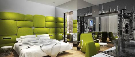 Quarto casal design, 1 cama King | 2 quartos, roupas de cama premium, edredons de pluma, frigobar