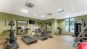 A gym with treadmills, elliptical machines, and weight equipment.