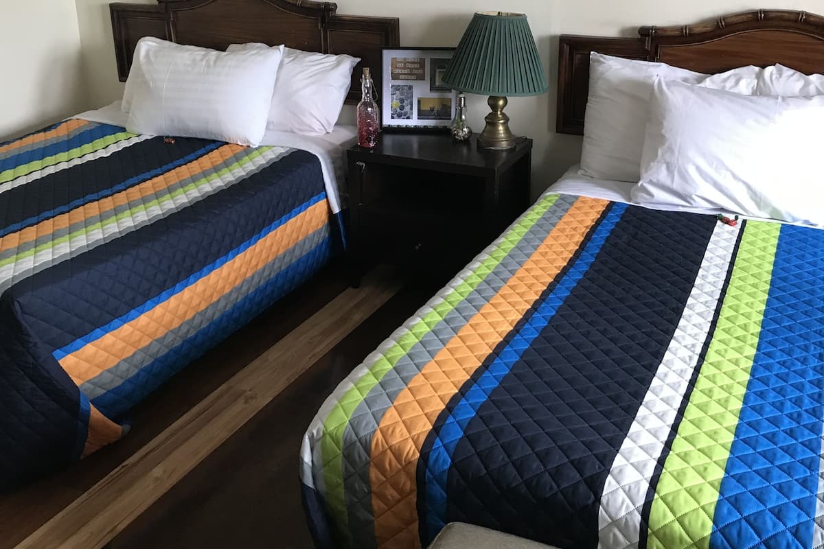 Habitación de hotel con dos camas, cada una con una colcha colorida, una mesita de noche con lámpara y un cuadro enmarcado en la pared.