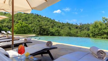 Una piscina al aire libre, sombrillas, sillones reclinables de piscina