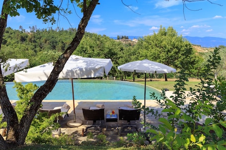 Outdoor pool, pool umbrellas, sun loungers