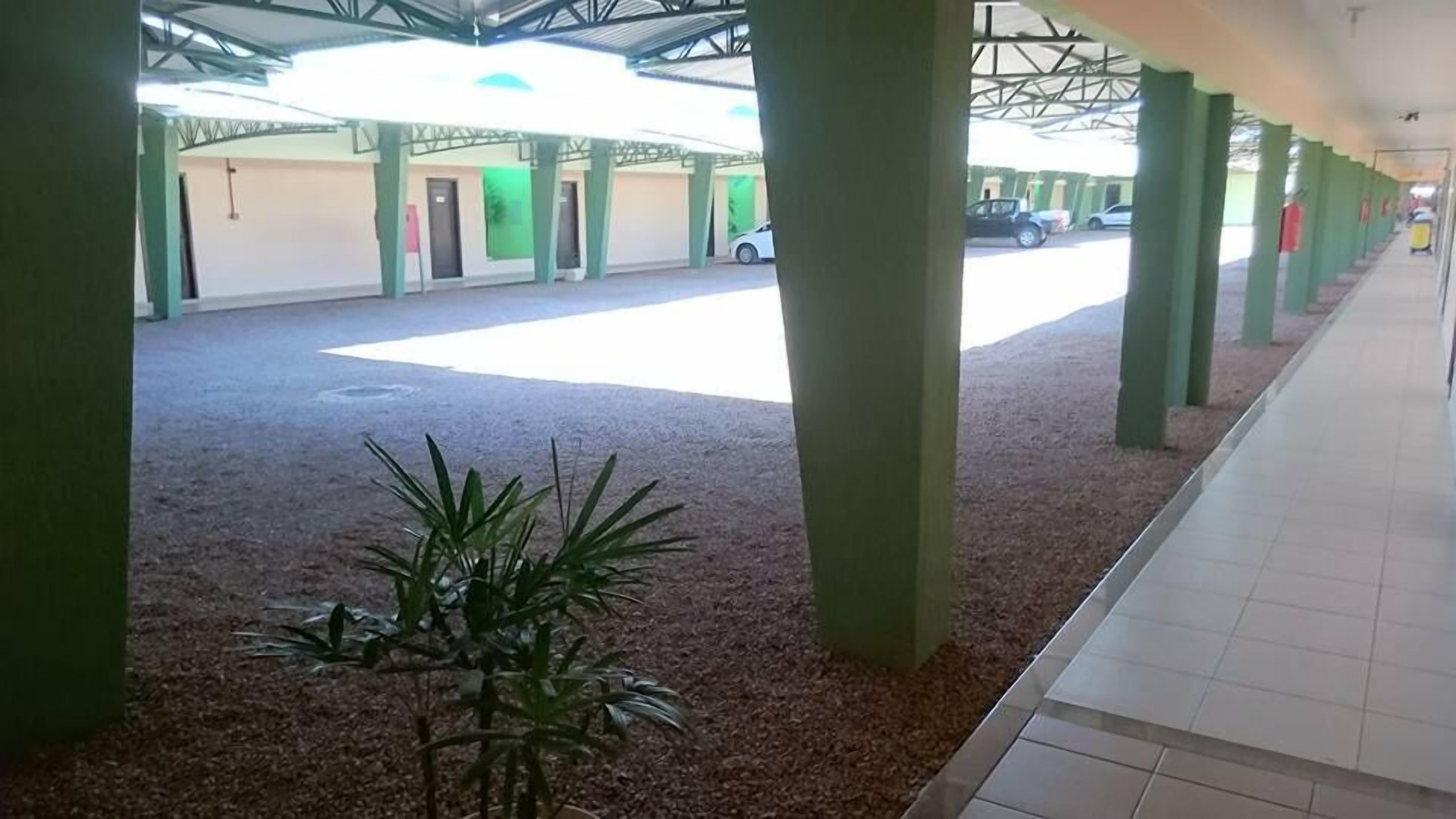 Un espacio al aire libre techado con pilares verdes, piso de baldosas y una planta en primer plano.