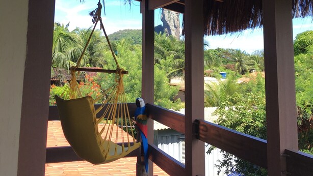 A hammock on a wooden deck with a view of lush greenery and a mountain in the background.