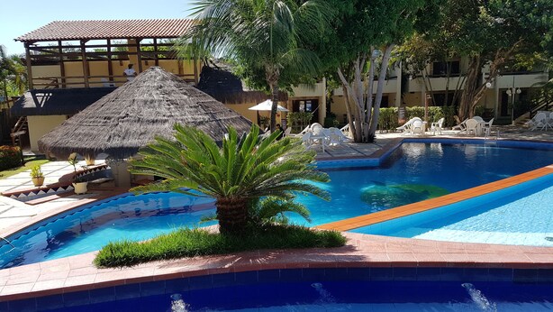 A swimming pool with a palm tree, lounge chairs, and a thatched-roof structure. - Solar Pipa Apartamentos (Tibau do Sul)