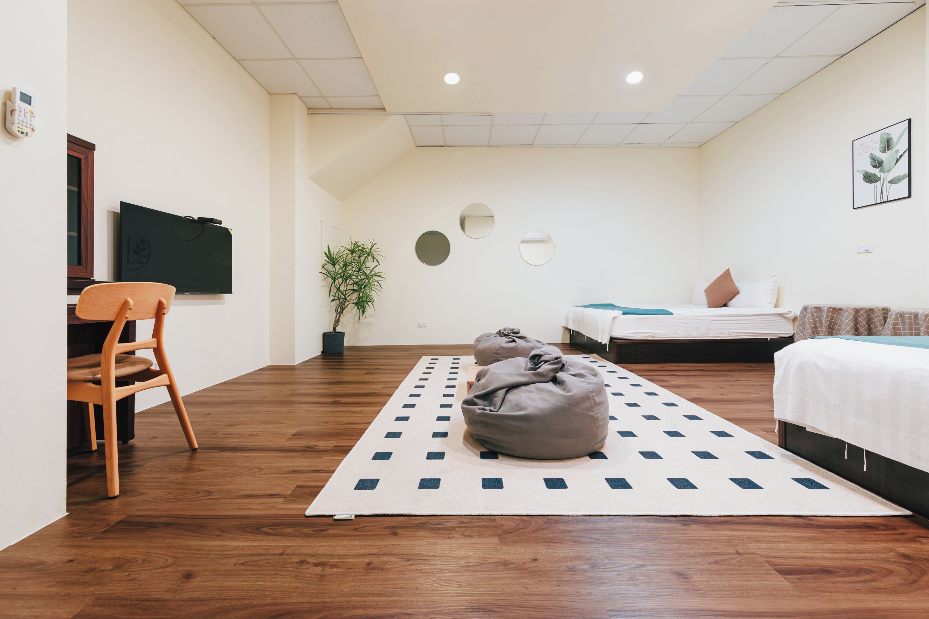 A modern room with a wooden floor, a desk with a chair, a bed with pillows, a small plant, and a wall-mounted TV.