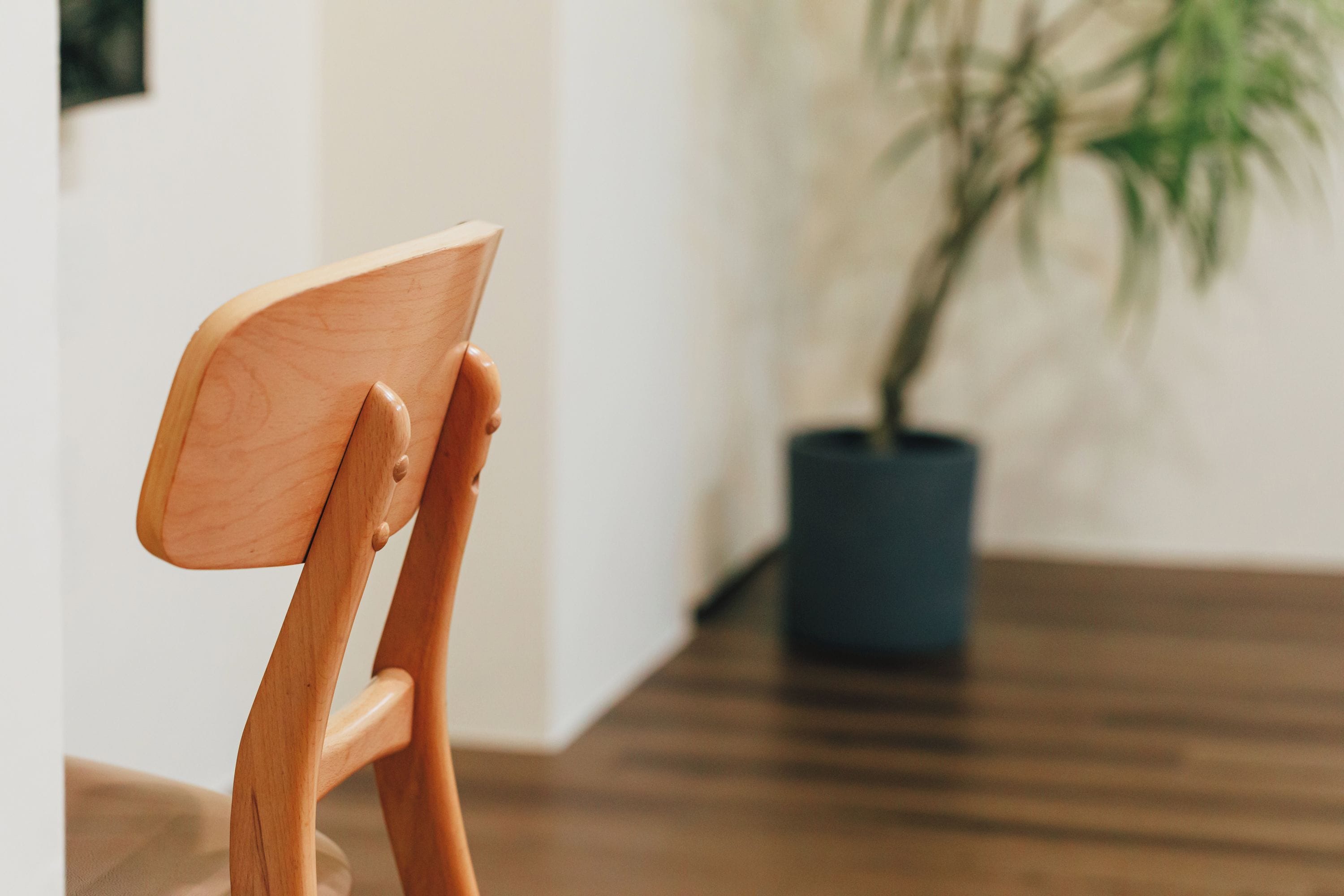 A wooden chair with a curved backrest and armrests, positioned in a room with a wooden floor and a potted plant in the background.