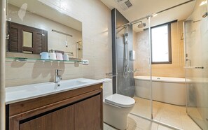 Shower, free toiletries, hair dryer, slippers