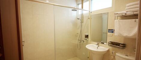 A modern bathroom with a glass-enclosed shower, a sink, and a toilet.