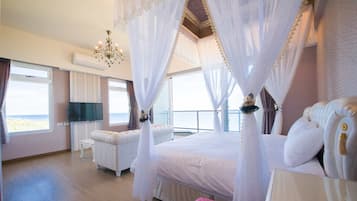 Romantic Double Room, Ocean View | Premium bedding, desk, blackout drapes, rollaway beds