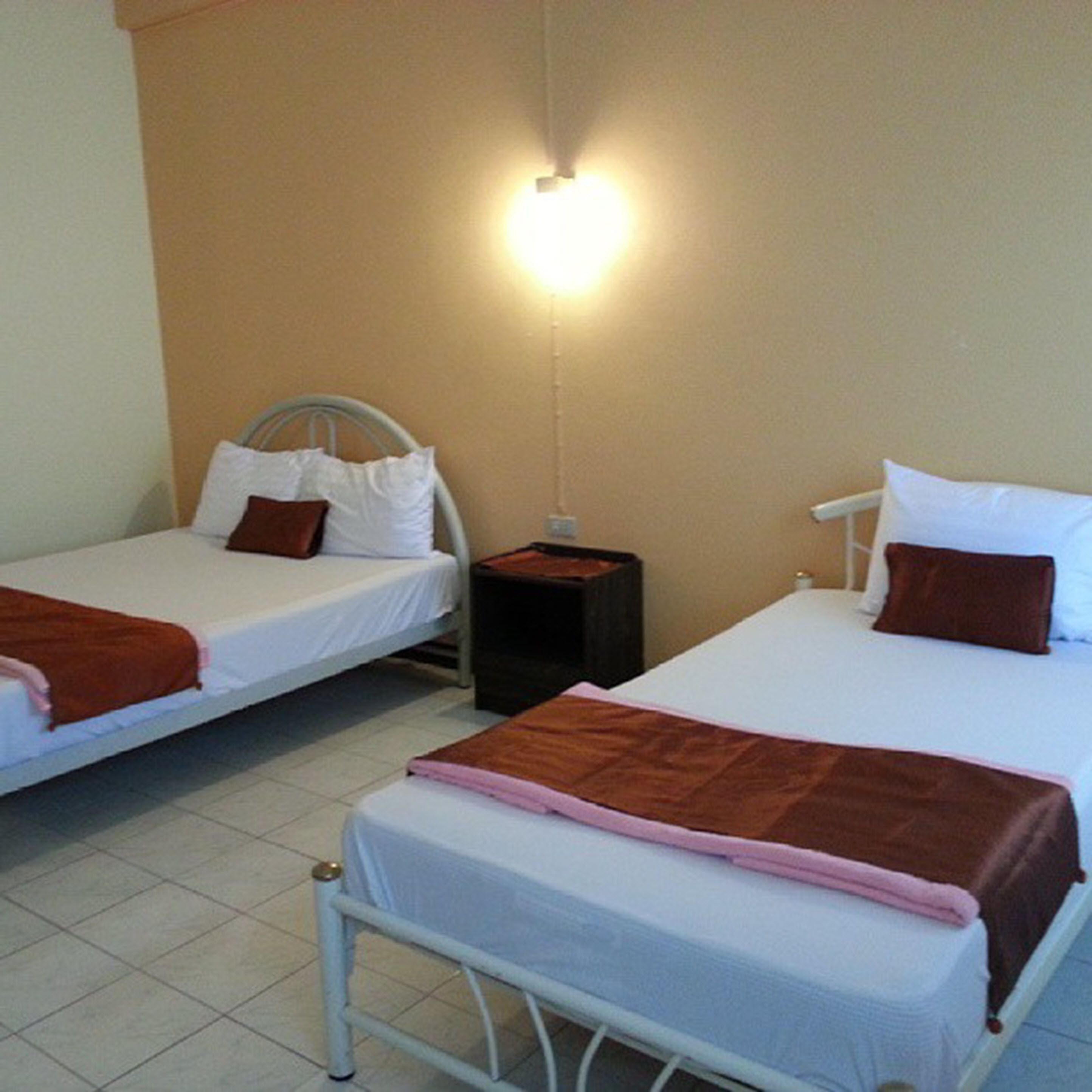 Two single beds with white linens and brown pillows, a nightstand between them, and a wall-mounted light fixture.