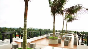 Une terrasse sur le toit agrémentée de palmiers, de jardinières en béton et offrant une vue sur l’océan.
