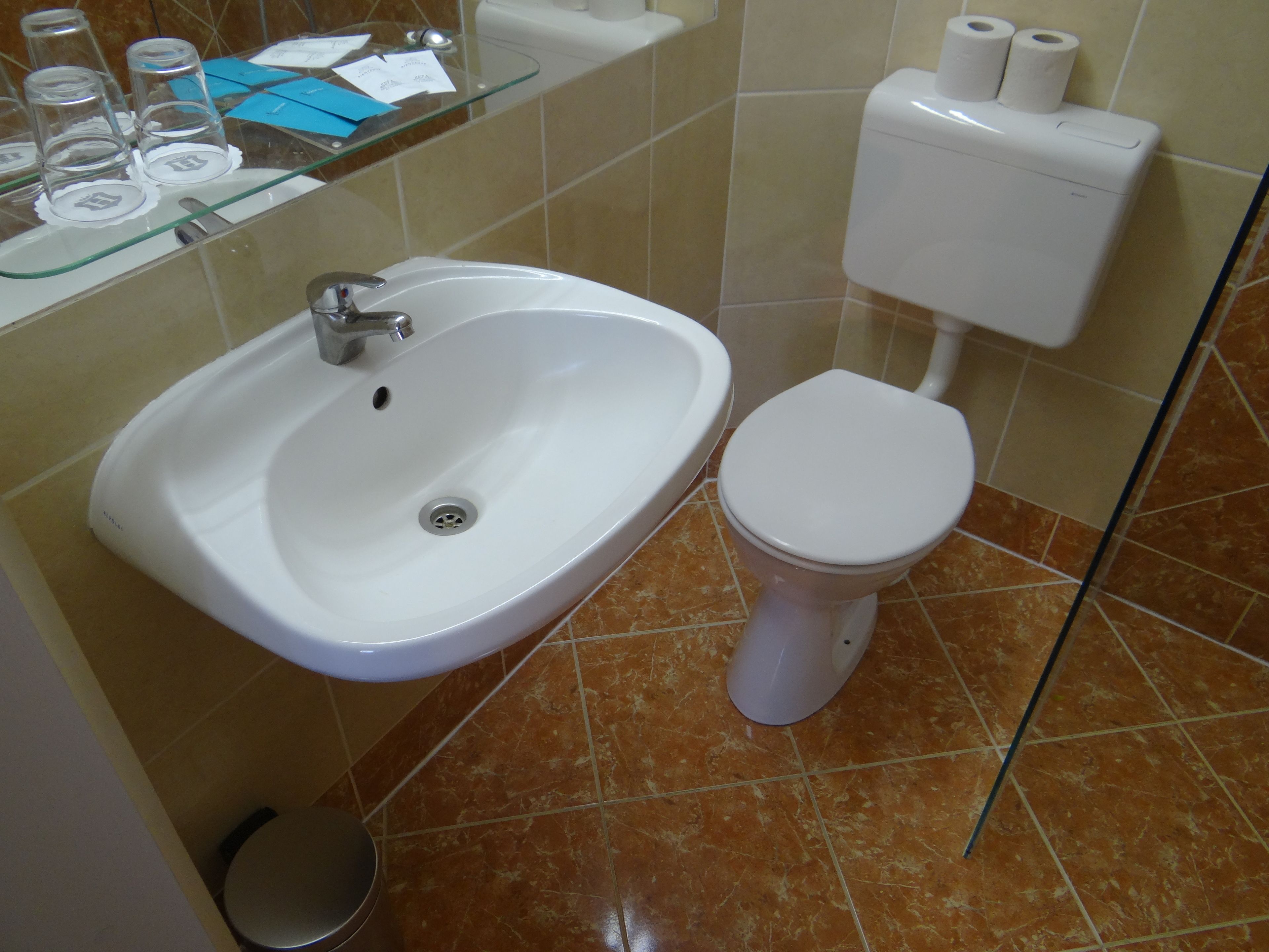 A bathroom with a white sink, toilet, and glass shelf with toiletries.