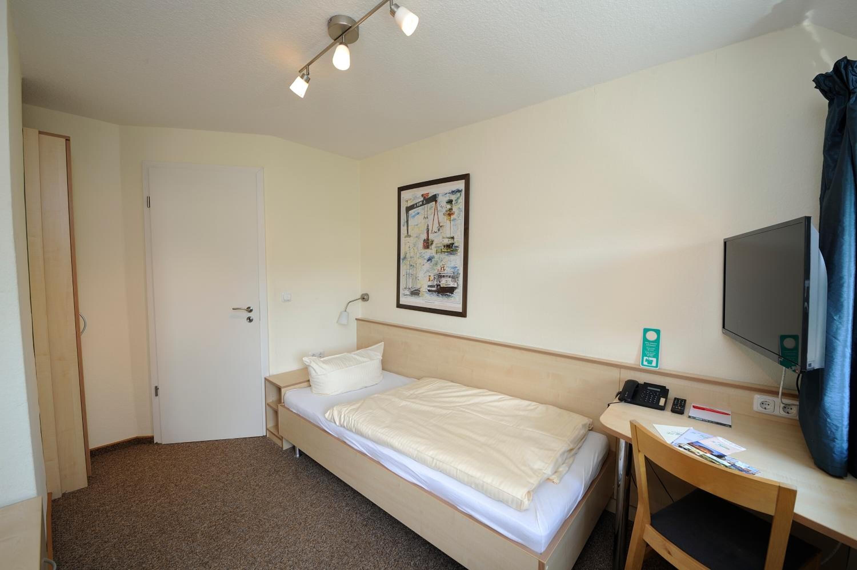 A hotel room with a bed, a desk with a chair, a TV, a door, and a framed picture on the wall.