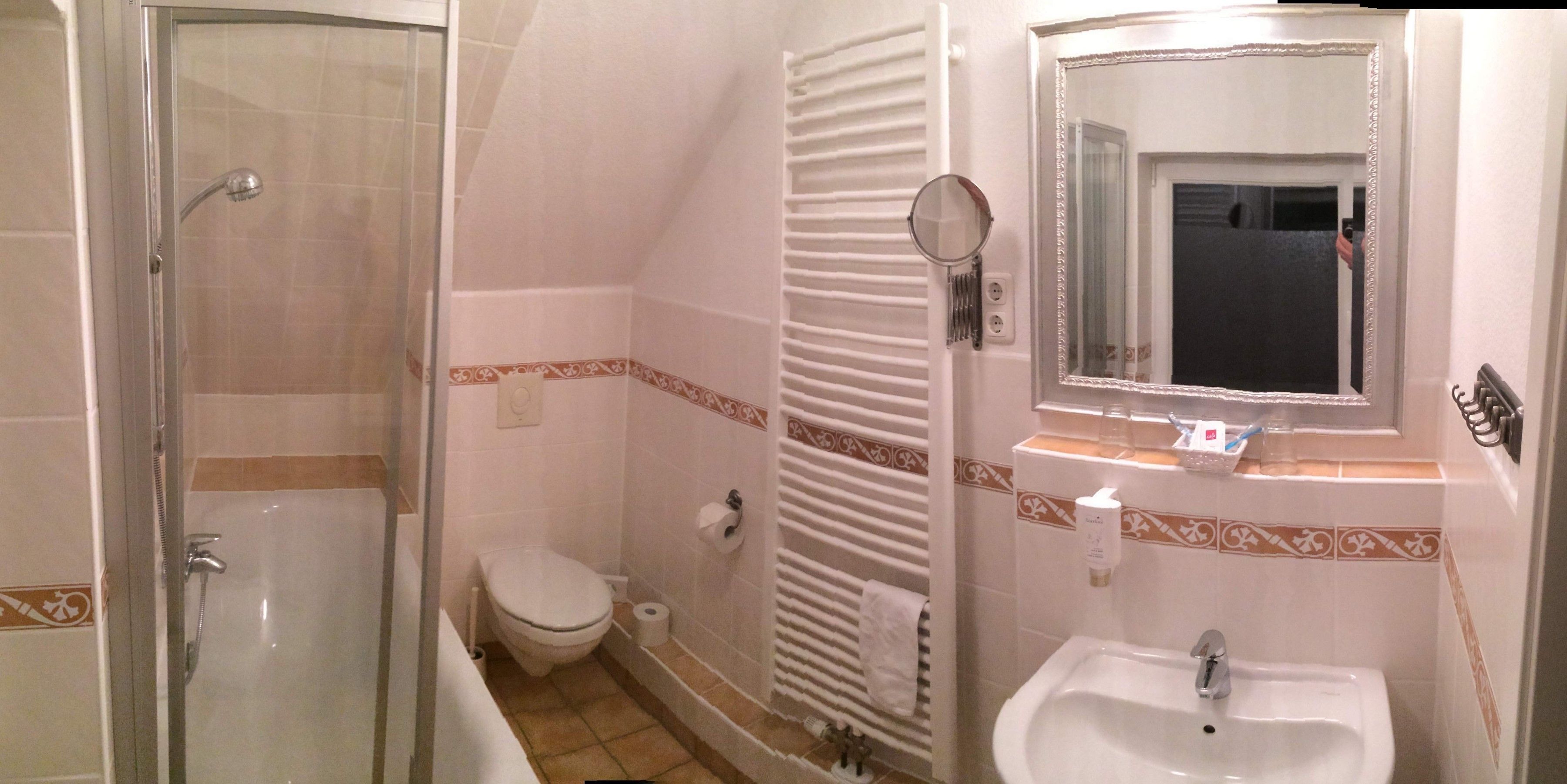 A bathroom with a shower, toilet, sink, and mirror.
