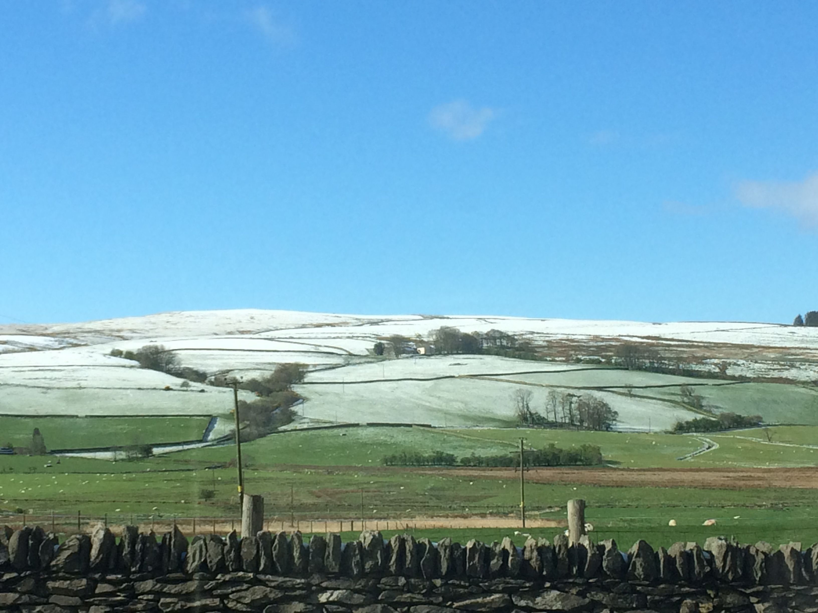 A rural landscape with snow-covered fields, a stone wall, and a clear blue sky.
