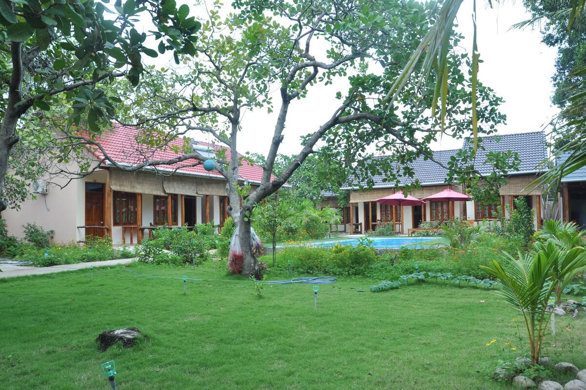 A residential area with a swimming pool, a tree, and a building with a red roof.