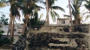 A concrete wall with a rough texture, palm trees, and a building with a flat roof in the background. - Altrove House - Hostel (Hengchun)