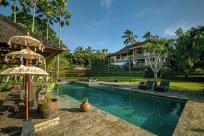 Ein Swimmingpool mit Liegestühlen, ein überdachter Bereich mit Sonnenschirmen und ein Haus mit Blick auf Palmen.
