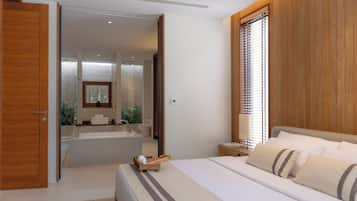 A modern bedroom with a large bed, a nightstand, a wooden wardrobe, and a bathroom visible through an open door.