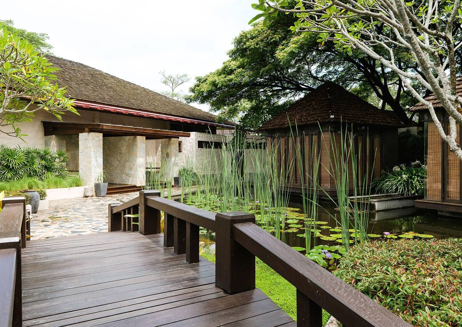 A wooden deck leading to a building with a tiled roof, surrounded by lush greenery and a pond with lily pads.