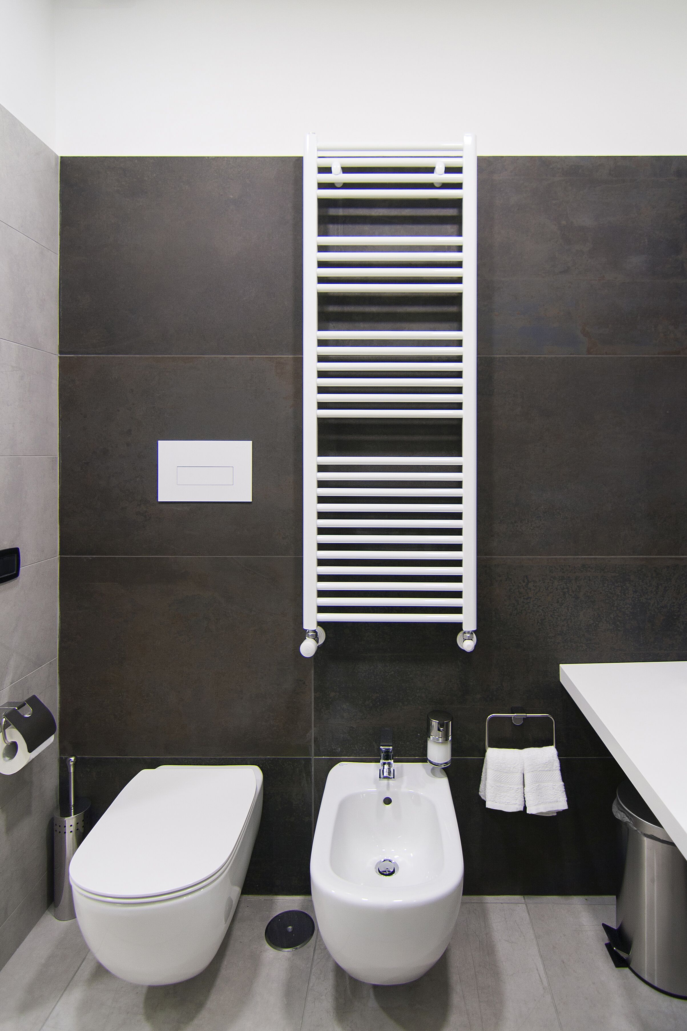 A modern bathroom with a toilet, bidet, and a towel rack.