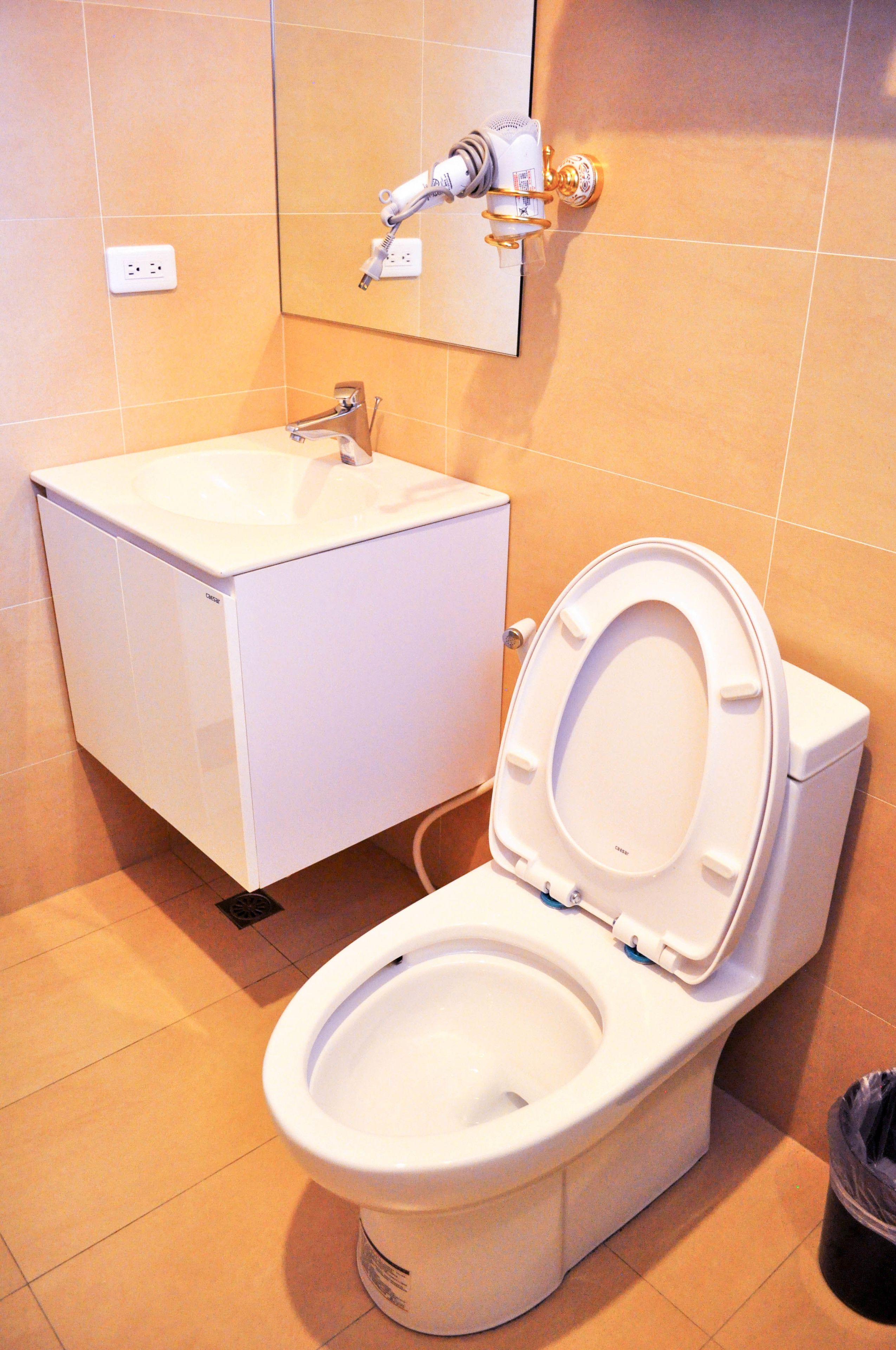 A bathroom with a toilet, a sink, and a mirror.