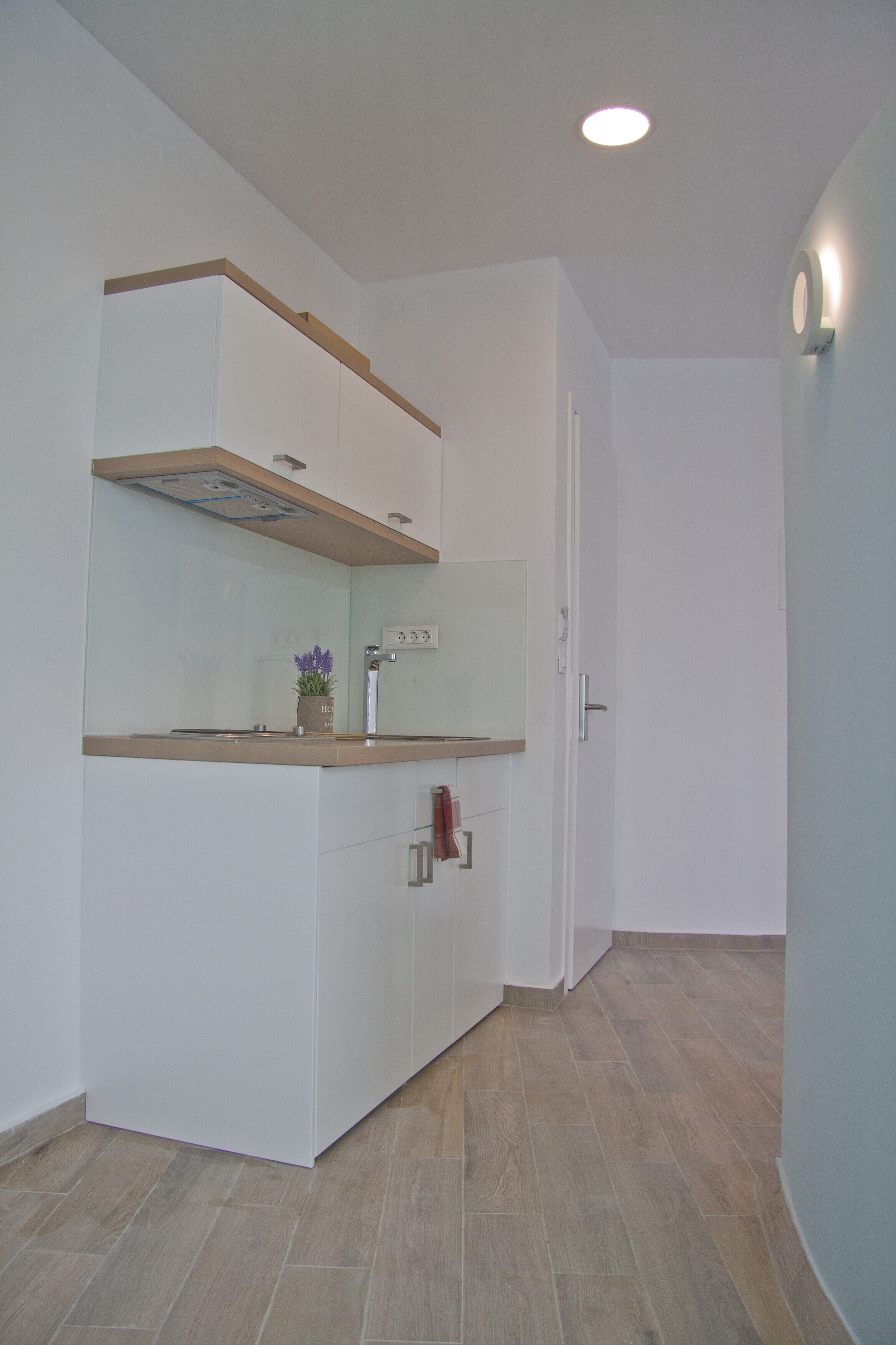 A modern kitchen with white cabinetry, a wooden countertop, and a small potted plant.
