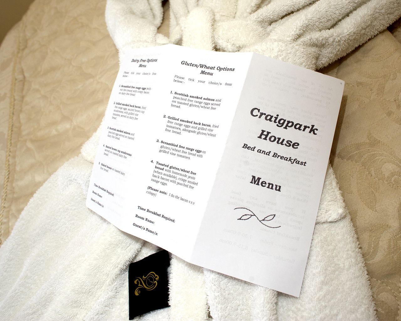 A menu from Craigpark House Bed and Breakfast with gluten/wheat options.