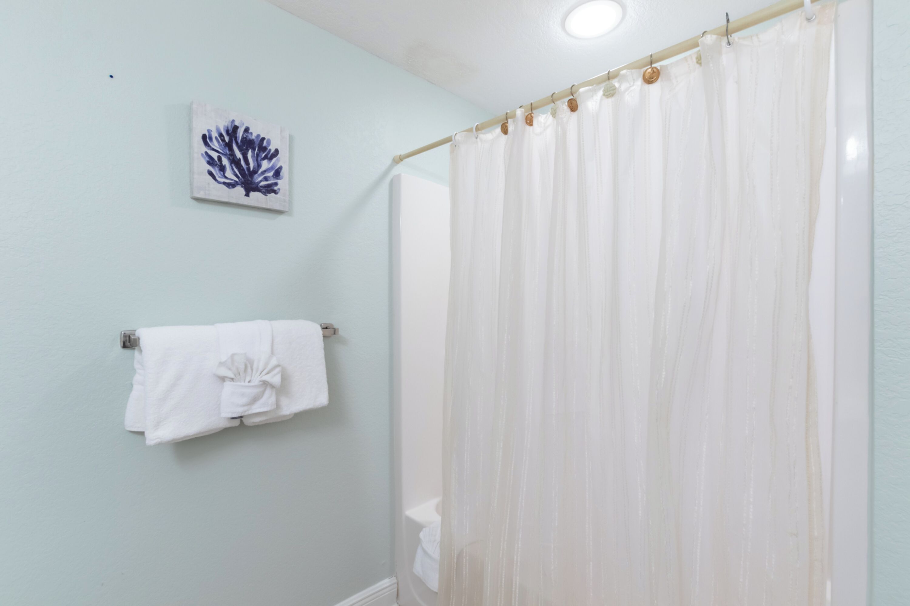 A bathroom with a shower curtain, a towel rack with a folded towel, and a wall-mounted artwork.