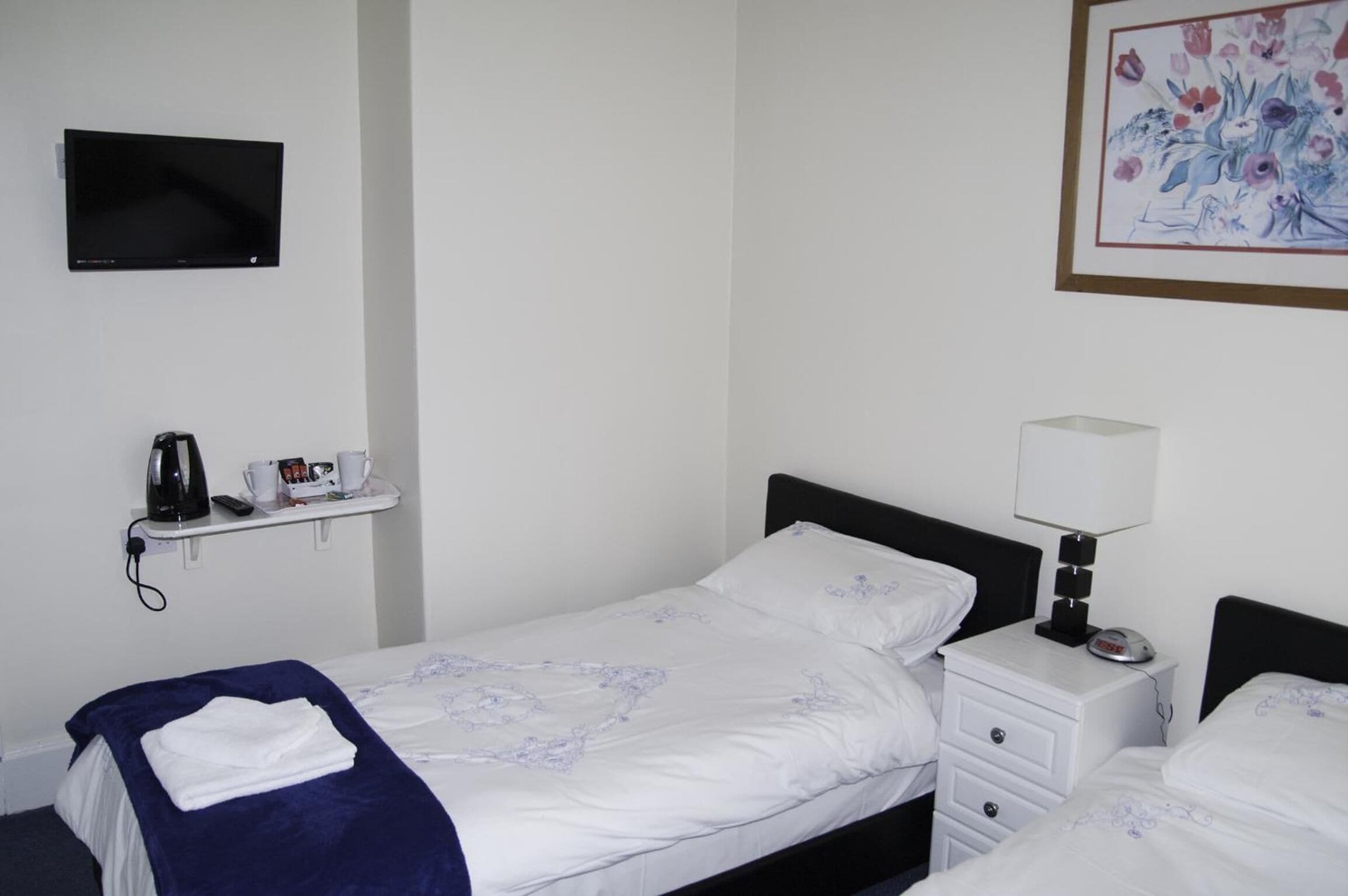 A hotel room with a single bed, a bedside table with a lamp, a TV mounted on the wall, a shelf with a kettle and cups, and a framed floral artwork.