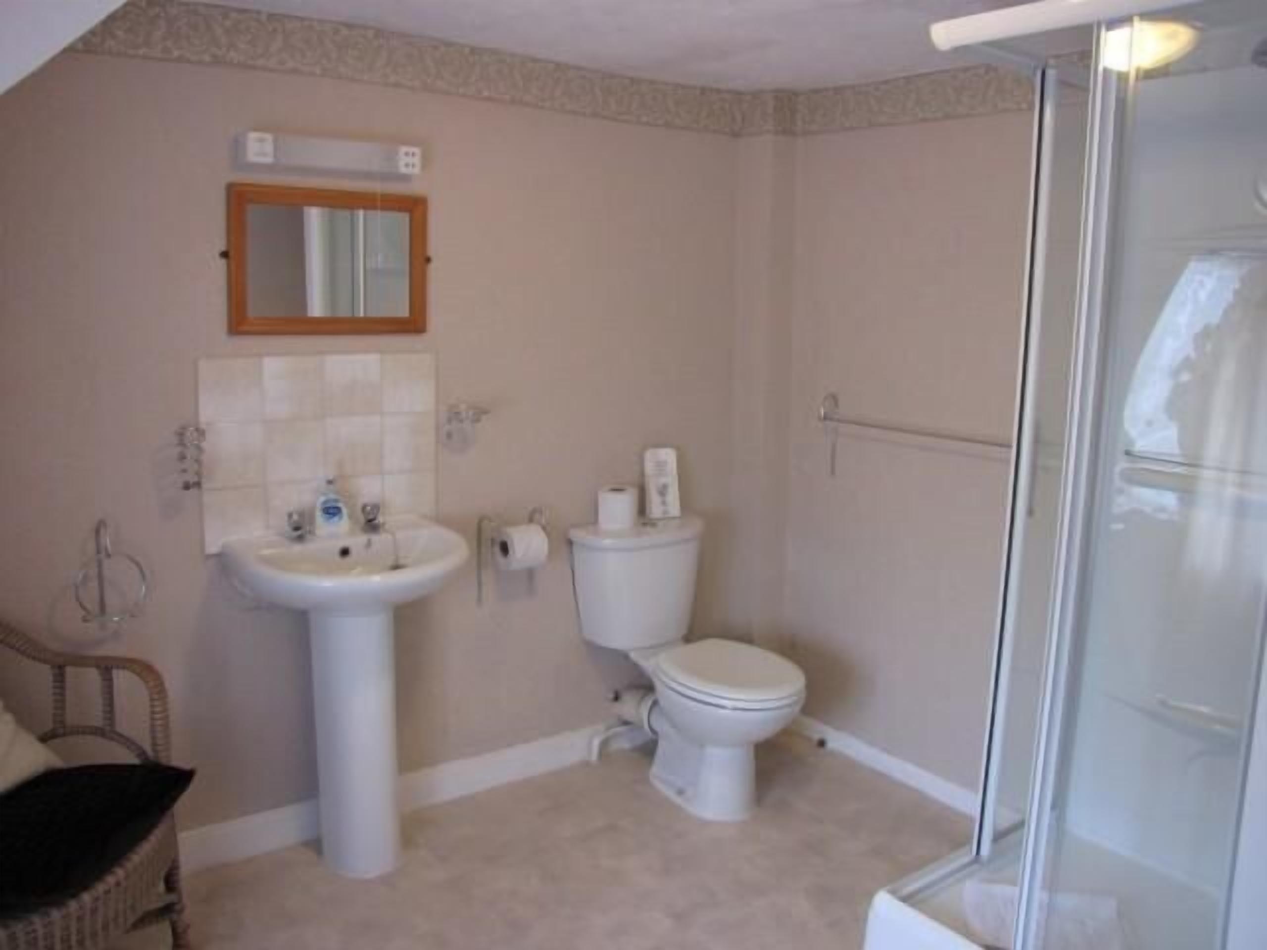 Une salle de bain avec un lavabo, des toilettes et une douche.