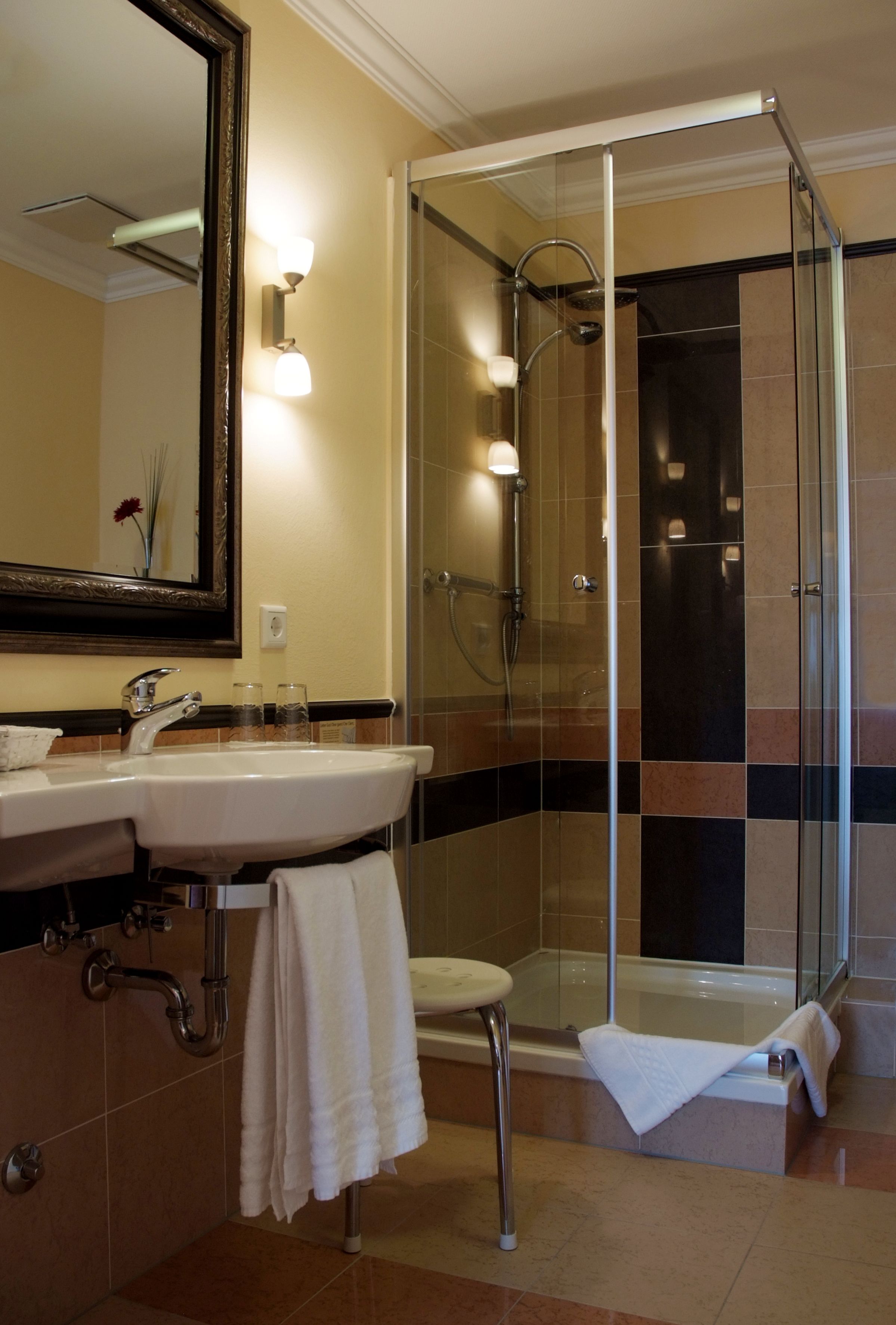 shower, free toiletries, hair dryer, towels