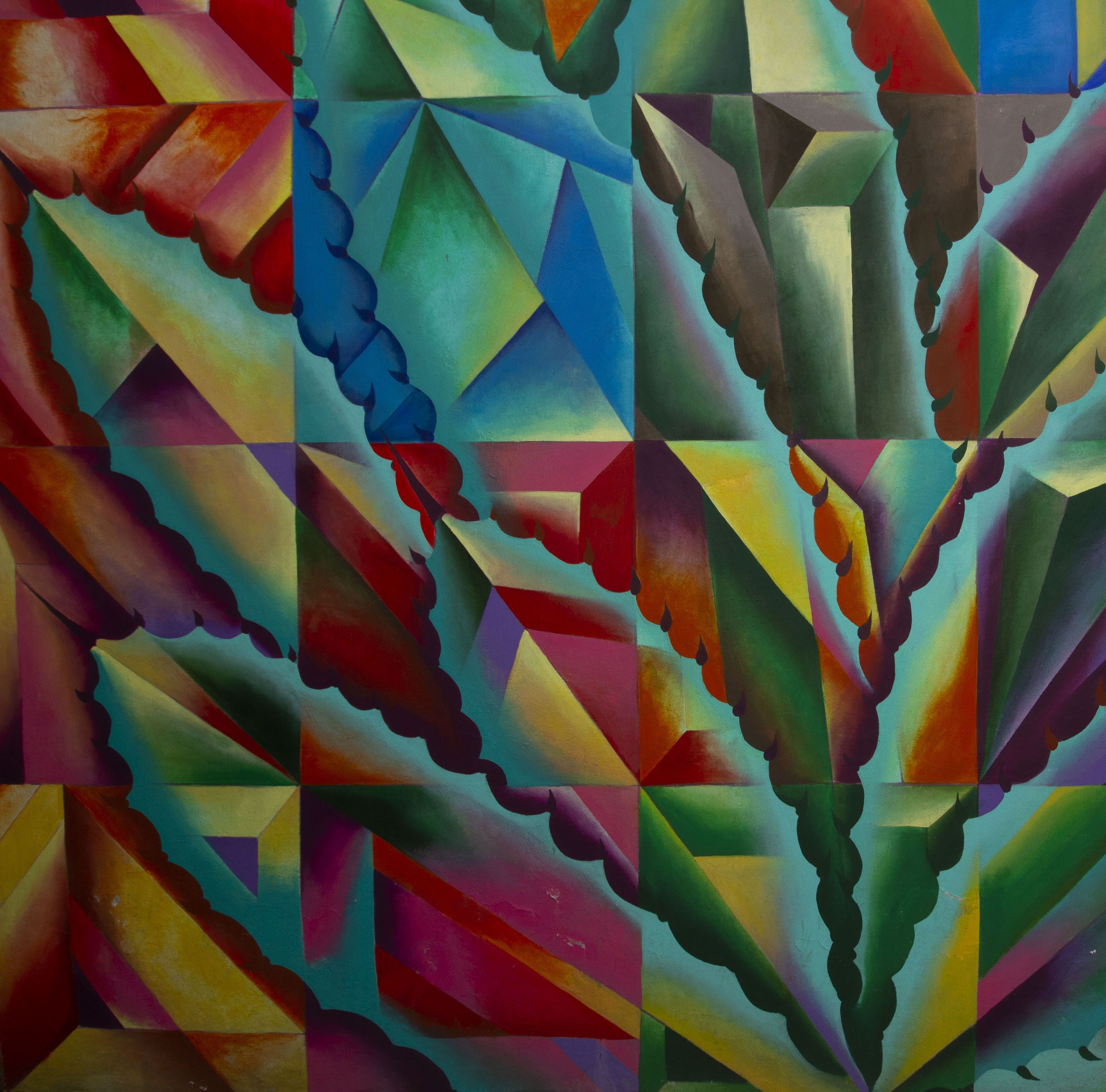A geometric abstract painting with a variety of shapes and colors.